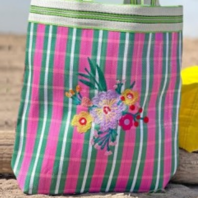 Bolsa de plástico reciclado Flor Rosa/Verde